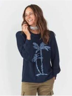 Faherty Navy Crewneck Sweater with Light Blue Palm Motif